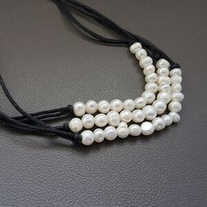 Freshwater Pearl Necklace on Black Cord/ Casual Coastal Style